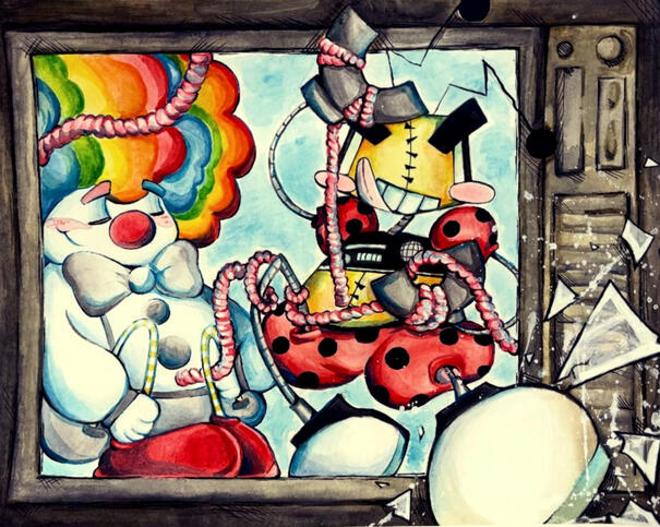 "Cartoon Birth" (Watercolor + Acrylic + Pen) 10x16