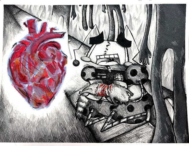 "Oh, Roadkill" (Pen + Crayon) 9x12